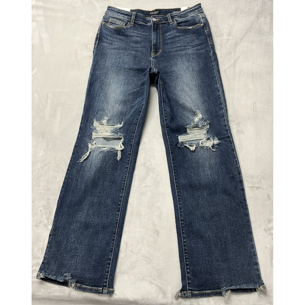 Judy Blue Straight Jeans Women 13/31 Blue Distressed Raw Hem NWT JB82592DK